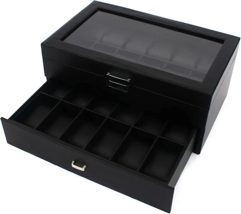 24-Slot Carbon Fiber Watch Display Case with Metal Hinges and Storage Drawer - Image 4