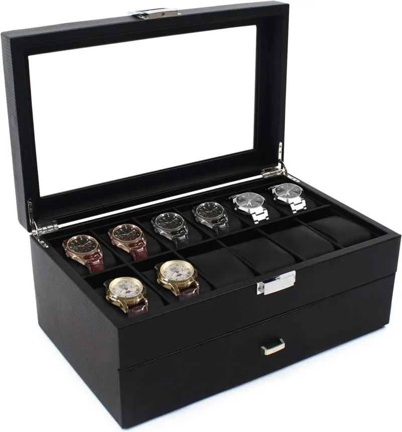 24-Slot Carbon Fiber Watch Display Case with Metal Hinges and Storage Drawer - Image 2