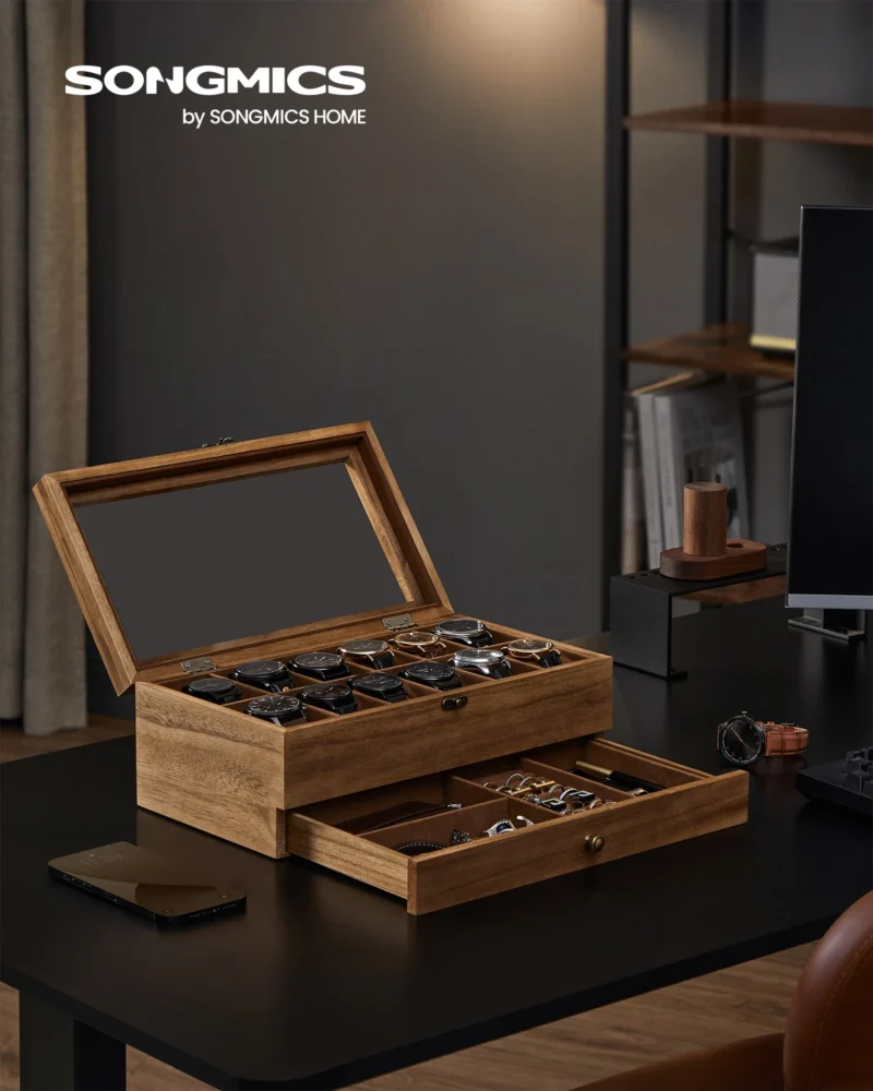 Luxury 12-Slot Watch Display Case with Glass Lid and Velvet Interior - Image 2