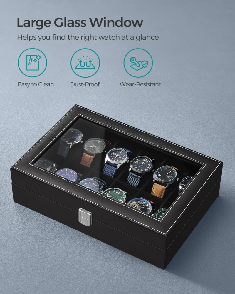 12-Slot Leather Watch Display Case with Glass Lid and Removable Pillows - Image 5