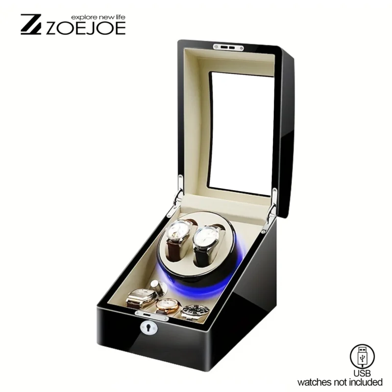 4-Slot Premium Watch Winder Box with LED Lighting and Secure Lock for Automatic Timepieces - Image 9