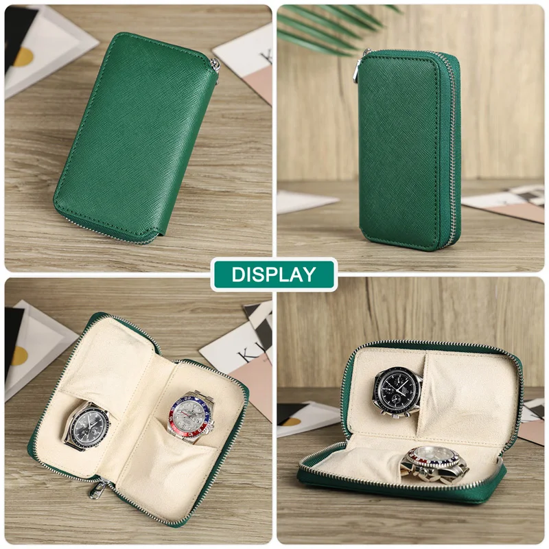 Premium genuine leather zippered watch travel case unfolded for display