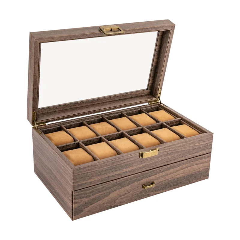 24-Slot Luxury PU Leather Watch Display Case with Glass Top and Storage Drawer - Image 4