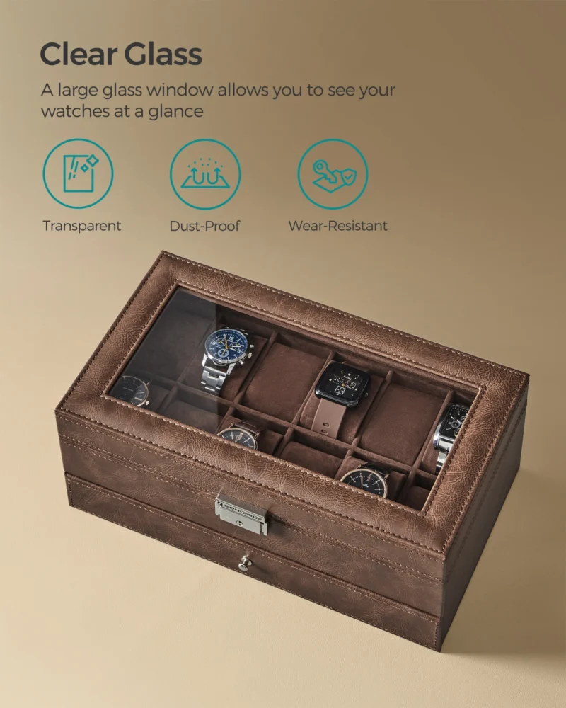 Premium 12-Slot Wooden Watch Box with Glass Lid and Jewelry Drawer - Image 3