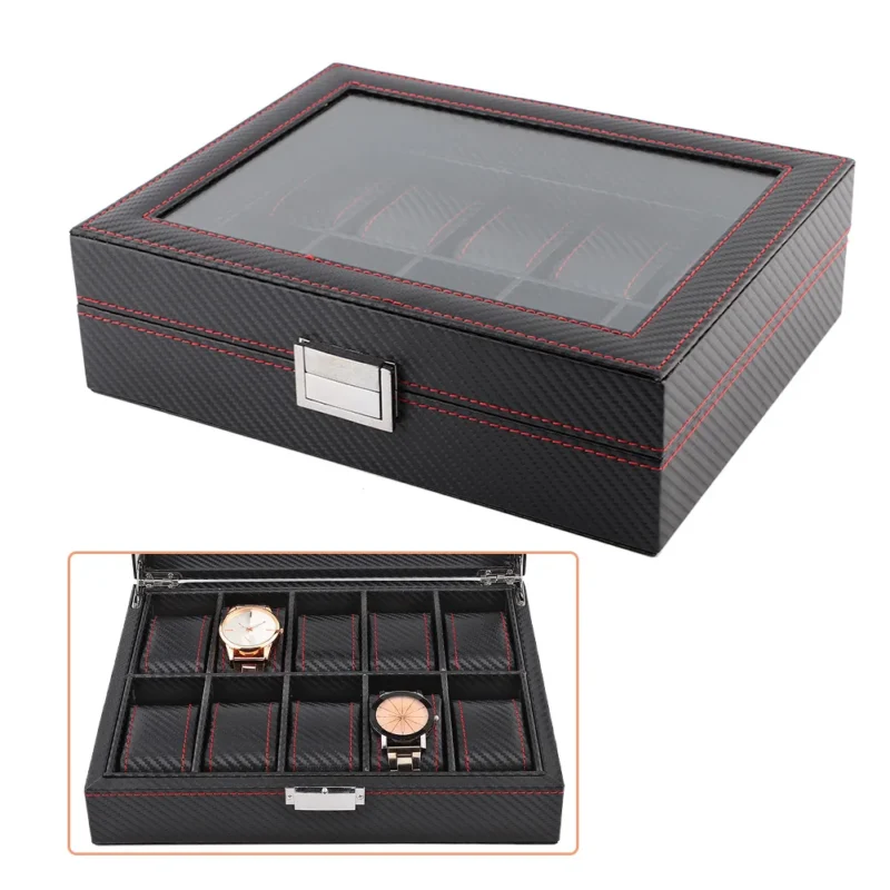10-Slot Carbon Fiber Watch Display Case with Elegant Storage Organization for Collectors - Image 4