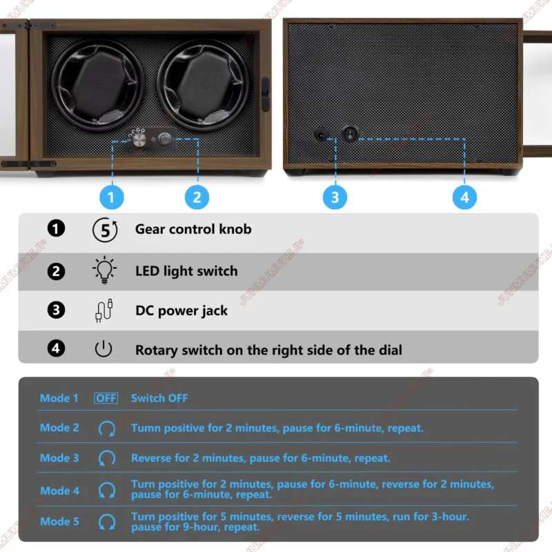 USB Powered Wooden Watch Winder for 2 Automatic Watches with Display Case Storage - Image 4
