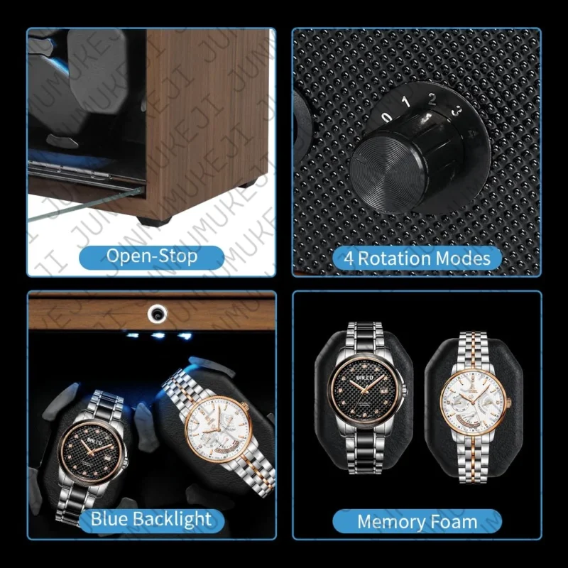 Dual-Slot Black Walnut Automatic Watch Winder with LED Ambient Light for Luxury Timepieces - Image 6
