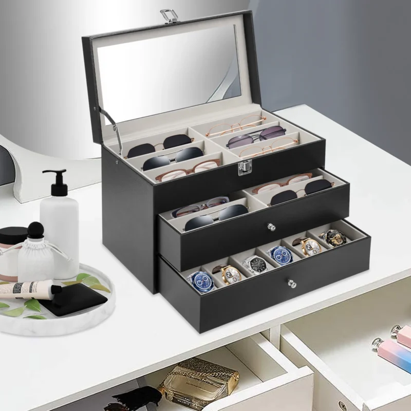 3-Tier Luxury Display Case with Glass Lid for Watches, Glasses and Jewelry - Image 2