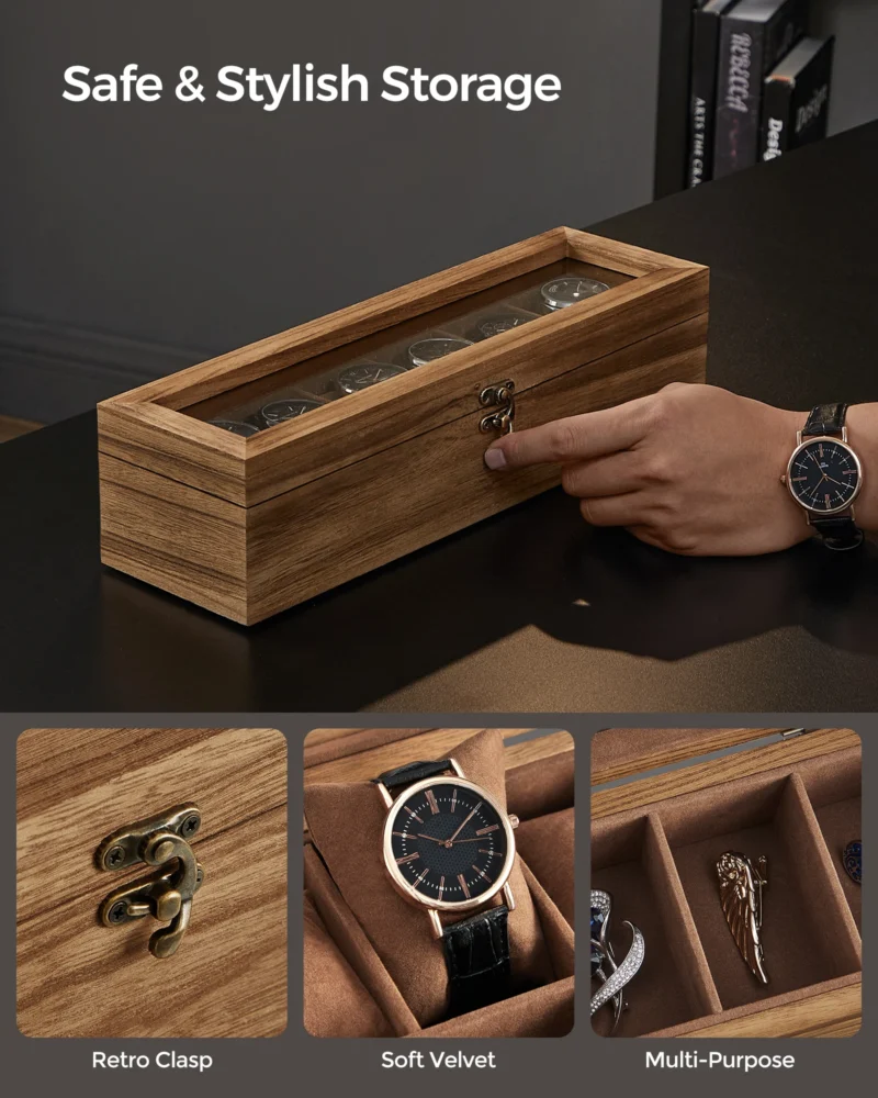 Handcrafted Wooden 6-Slot Watch Display Case with Glass Top and Removable Cushions - Image 4
