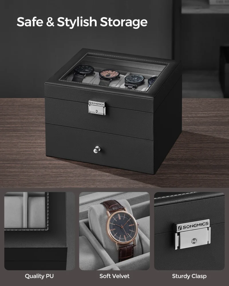 20-Slot Lockable Watch Display Case with Glass Lid and Leather Exterior - Image 4