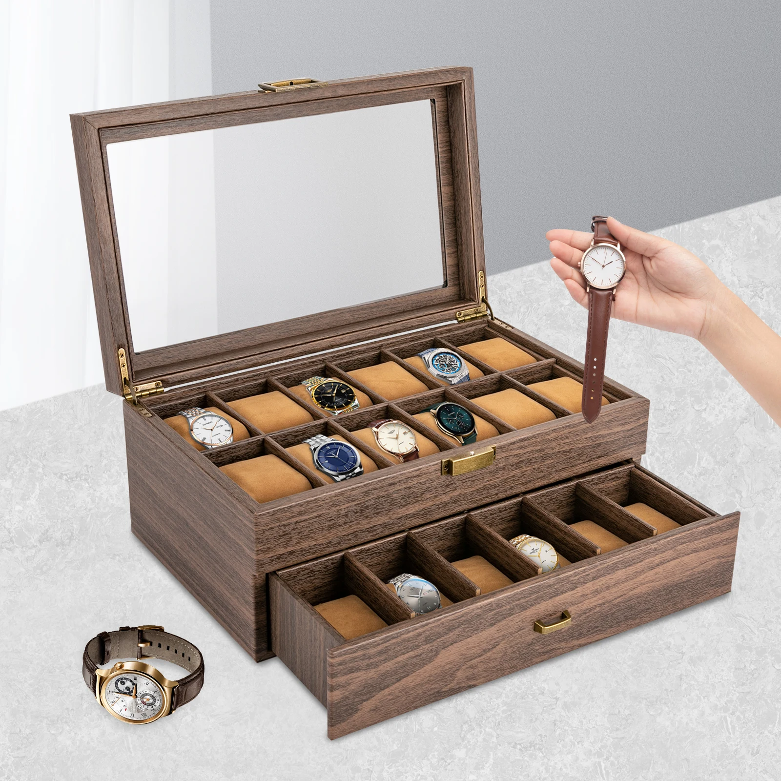 Multi-compartment watch organizer with secure locking mechanism and display features