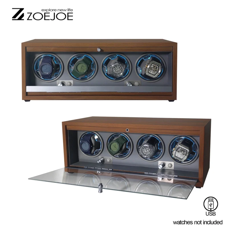 Premium 4-Slot Wooden Automatic Watch Winder with LED Lighting and Flexible Cushions - Image 4