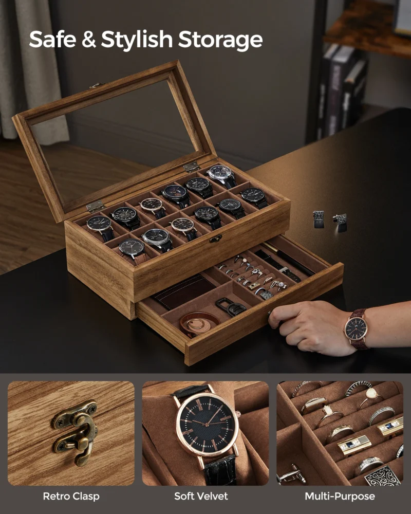 Luxury 12-Slot Watch Display Case with Glass Lid and Velvet Interior - Image 4