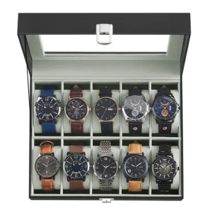 10-Slot Leather Watch Storage Box with Glass Lid and Removable Pillows for Collectors