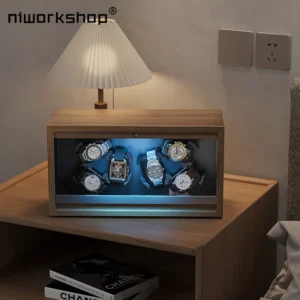 6-Slot Luxury Wooden Watch Winder with LED Lighting and Quiet Motor