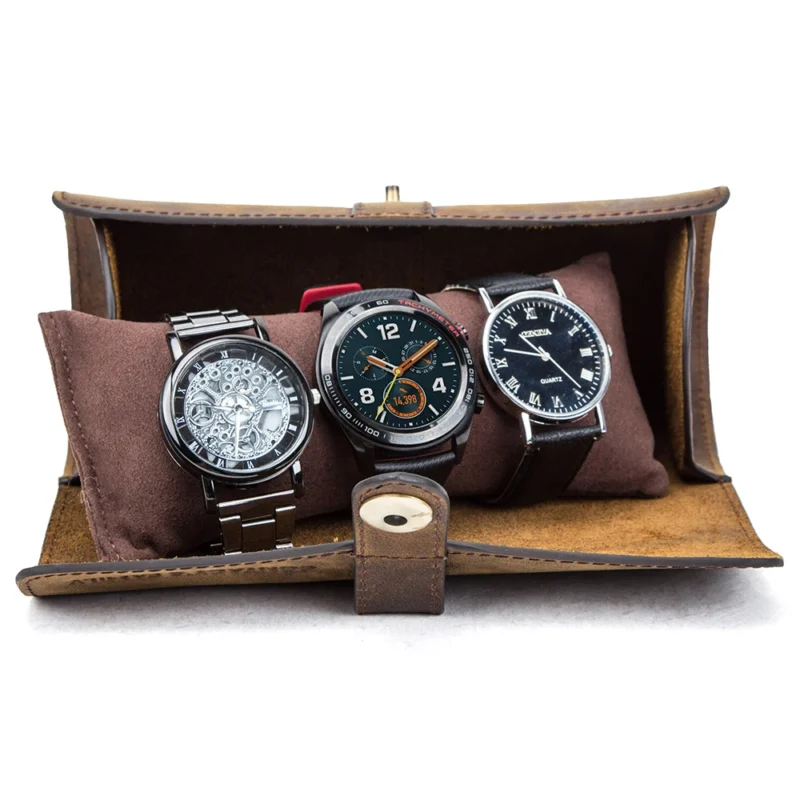 Premium Leather 3-Slot Watch Roll Travel Case with Secure Buckle Closure - Image 2