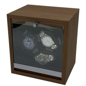 Dual-Slot Black Walnut Automatic Watch Winder with LED Ambient Light for Luxury Timepieces