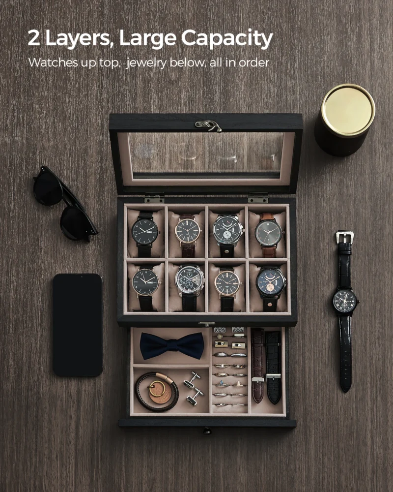 8-Slot Two-Tier Watch Display Case with Glass Lid and Velvet Lining for Luxury Timepieces - Image 4
