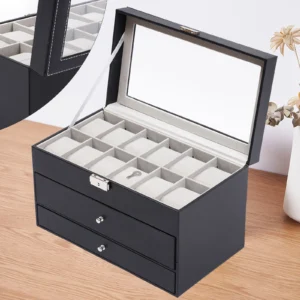 3-Layer Leather Watch & Sunglasses Display Case with Lock and Glass Top