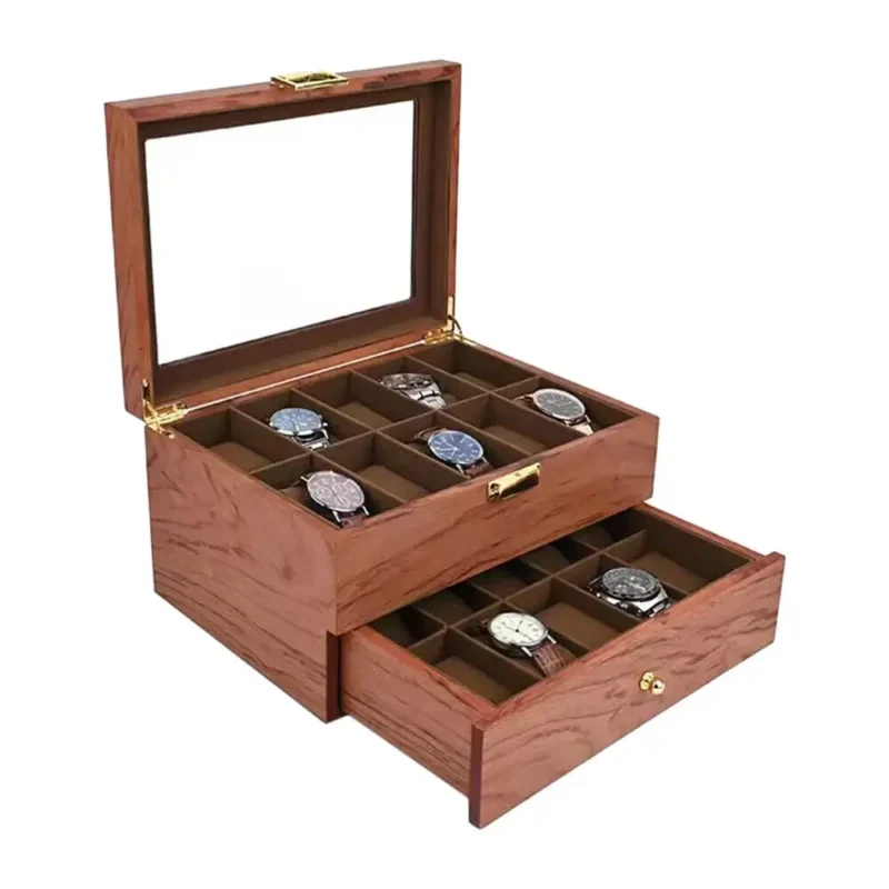 20-Slot Wooden Watch & Jewelry Display Case with Storage Drawer for Collectors - Image 4