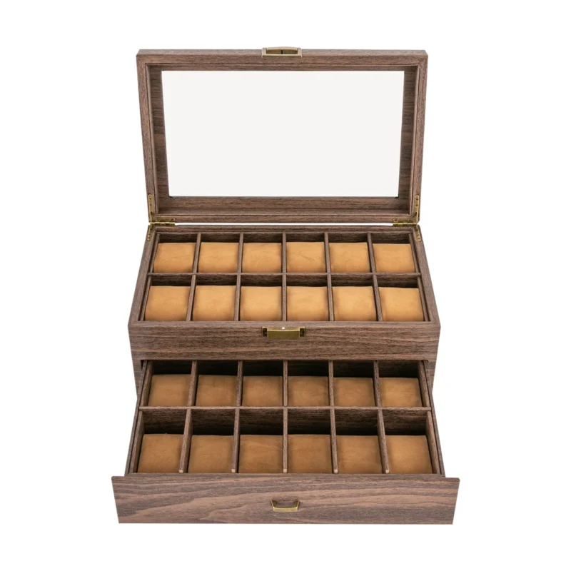 24-Slot Luxury PU Leather Watch Display Case with Glass Top and Storage Drawer - Image 5