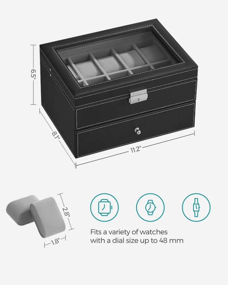 20-Slot Luxury Black Leather Watch Box with Glass Lid and Secure Lock - Image 6