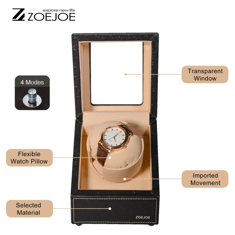 Single Watch Winder Box with PU Leather Finish for Automatic Timepieces with 4 Rotation Modes - Image 3