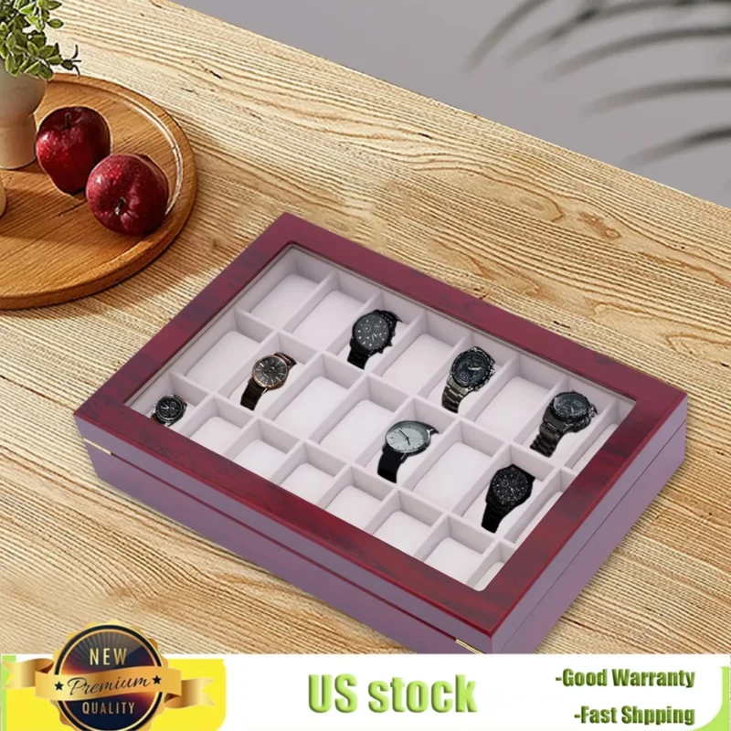 24-Slot Vintage Wooden Watch Display Case with Glass Top and Locking Clasp - Image 2