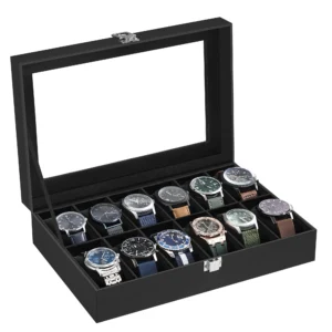 12-Slot Leather Watch Display Case with Glass Lid and Removable Pillows