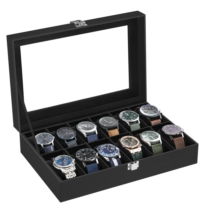 12-Slot Leather Watch Display Case with Glass Lid and Removable Pillows