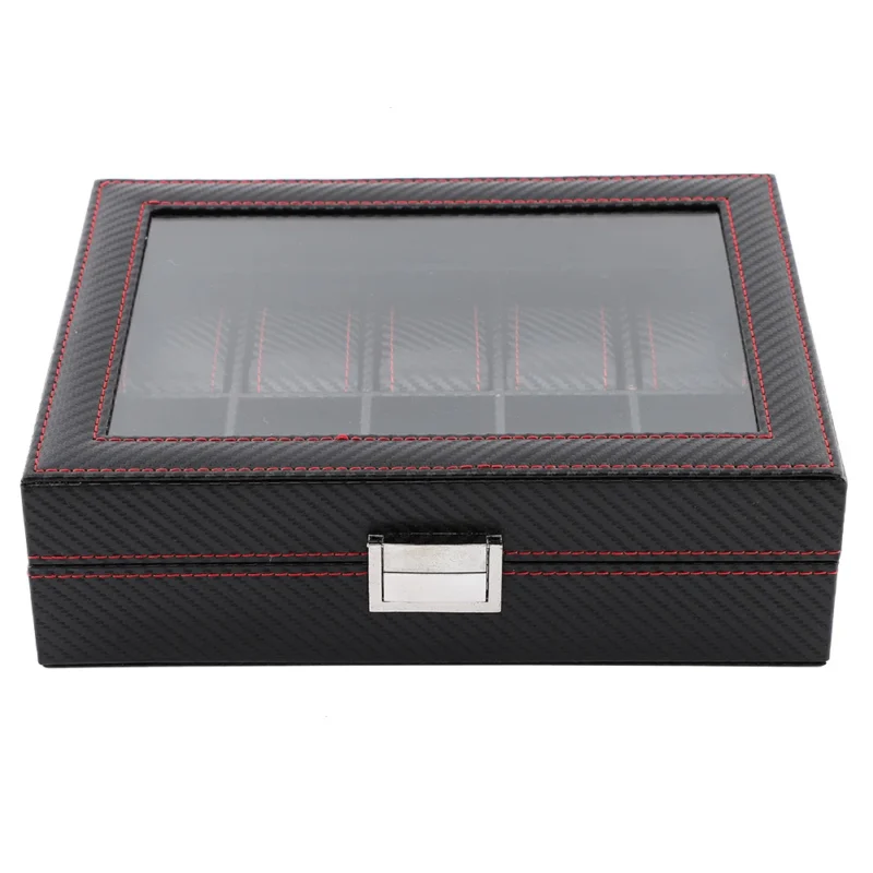 10-Slot Carbon Fiber Watch Display Box with Secure Storage for Collectors - Image 2