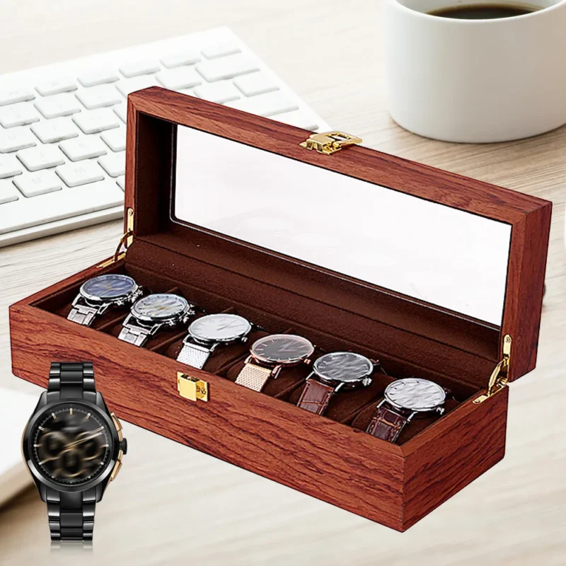 6-Slot Vintage Wood Watch Box with Storage Drawer for Jewelry Collection - Image 3