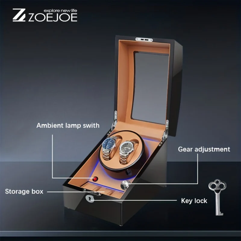 4-Slot Premium Watch Winder Box with LED Lighting and Secure Lock for Automatic Timepieces - Image 6