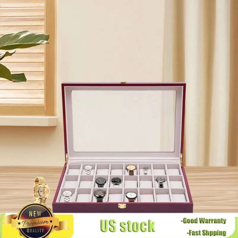 24-Slot Vintage Wooden Watch Display Case with Glass Top and Locking Clasp - Image 6