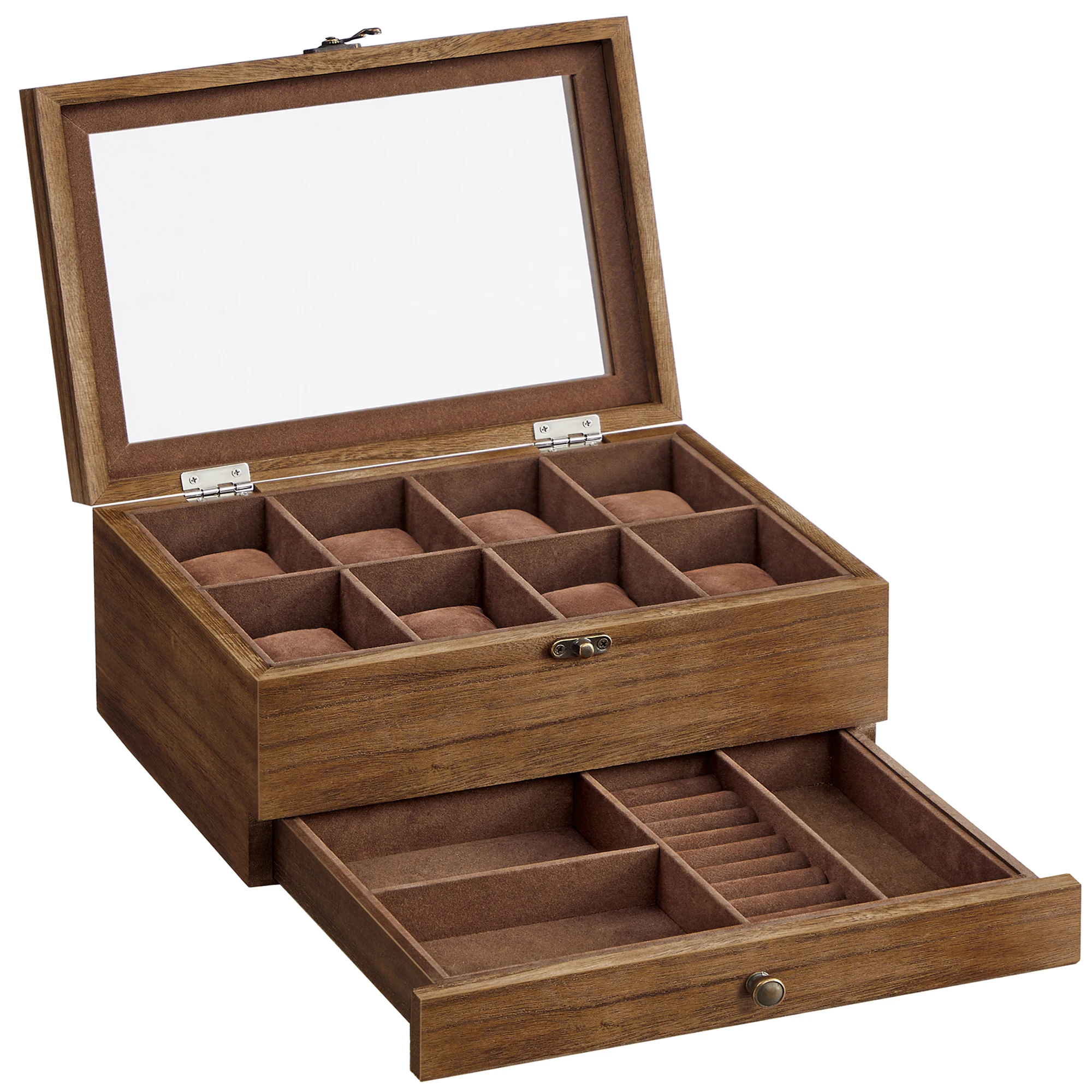 Multi-tier watch display case with glass viewing lid for statement living room display
