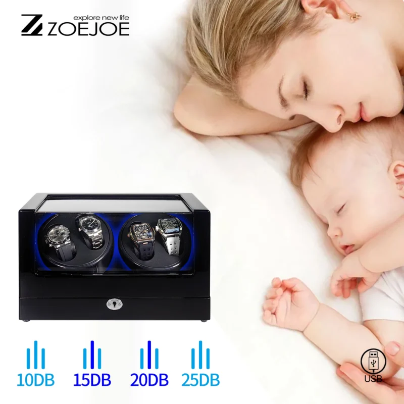 4-Slot Luxury Watch Winder Box with LED Lighting for Automatic Timepieces with Security Lock - Image 3