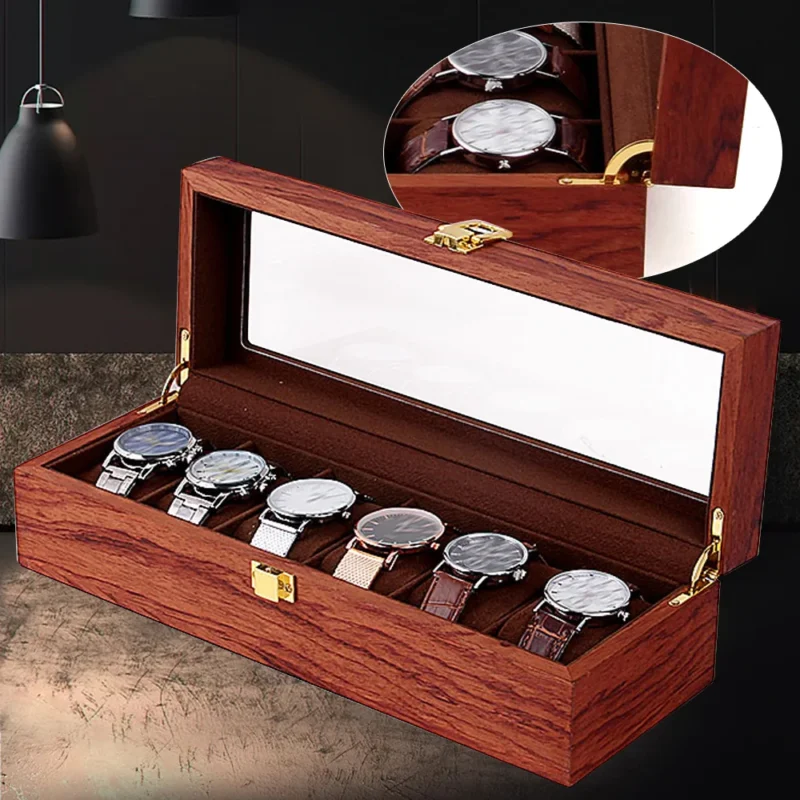 6-Slot Vintage Wood Watch Box with Storage Drawer for Jewelry Collection - Image 4