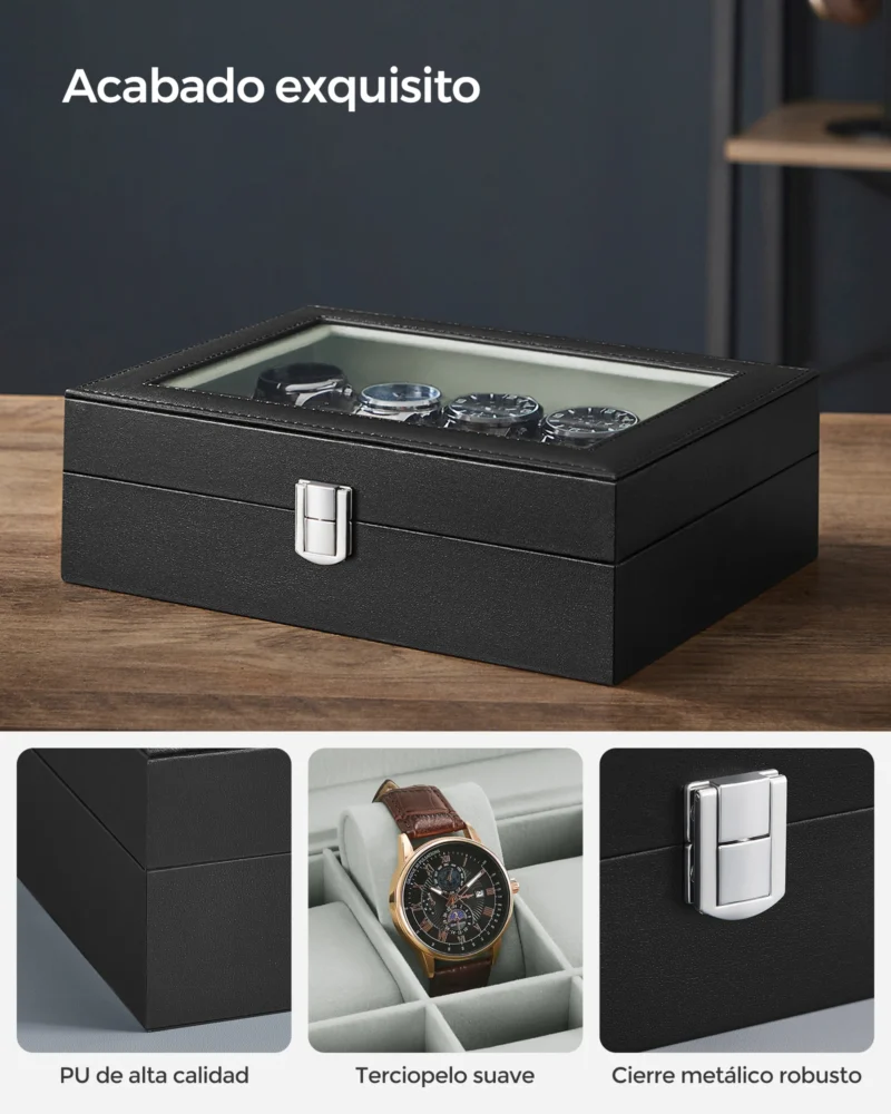 10-Slot Leather Watch Storage Box with Glass Lid and Removable Pillows for Collectors - Image 4