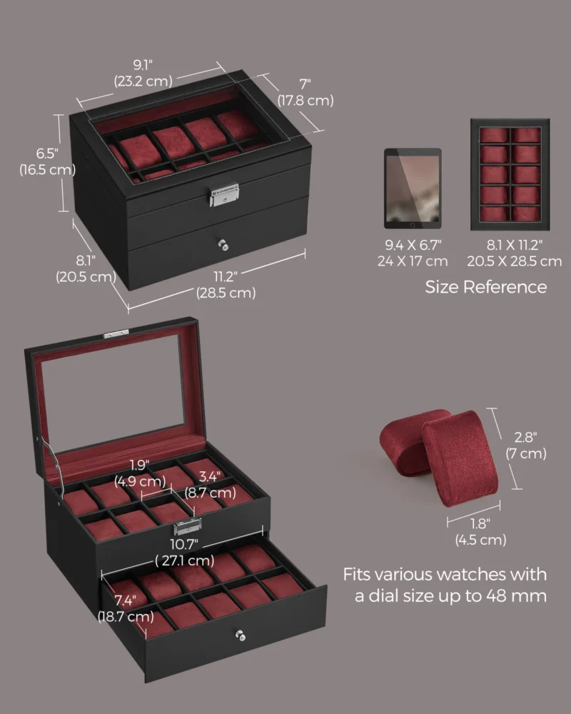 20-Slot Leatherette Watch Display Case with Glass Lid and Secure Lock for Collectors - Image 6