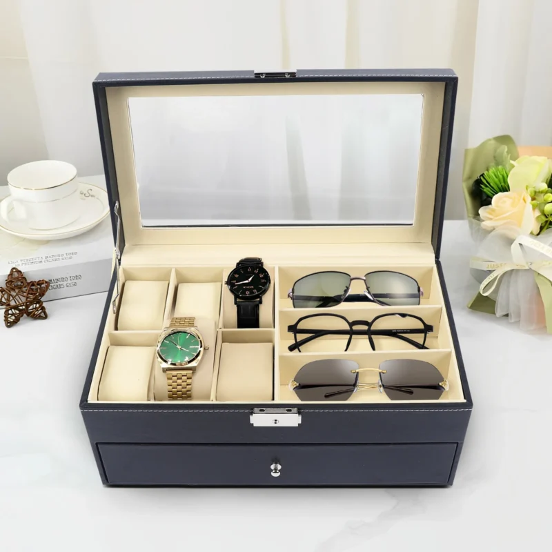 6-Slot Luxury Watch and Eyeglasses Display Case with Glass Top for Collectors - Image 3