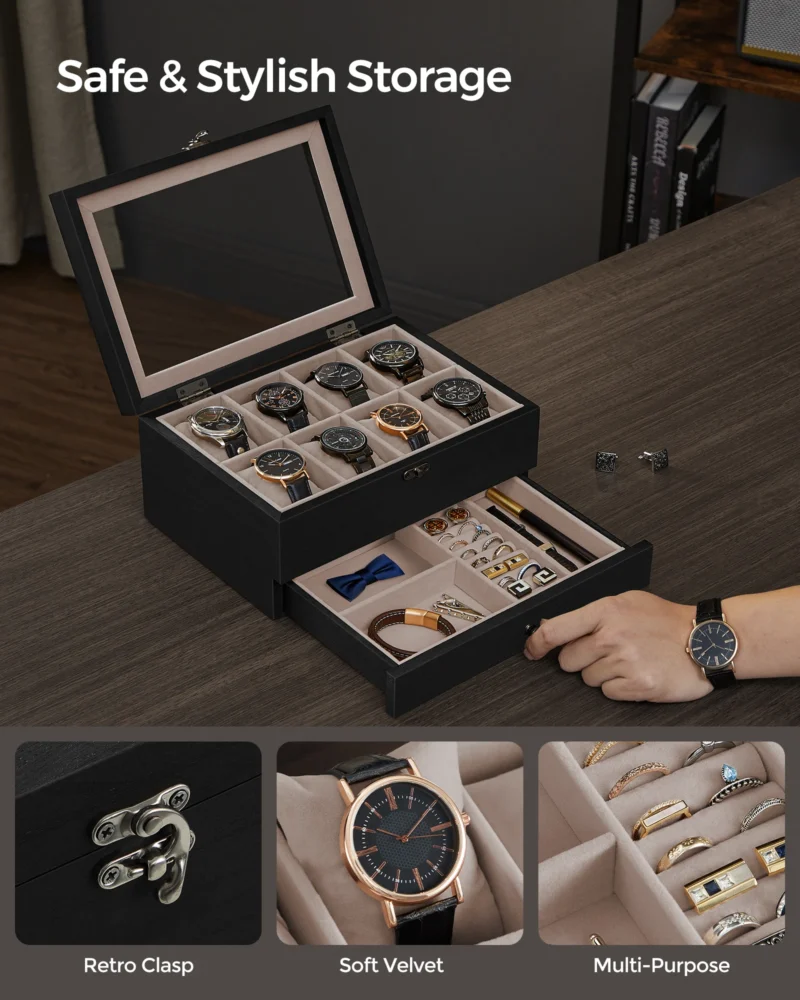 8-Slot Two-Tier Watch Display Case with Glass Lid and Velvet Lining for Luxury Timepieces - Image 2