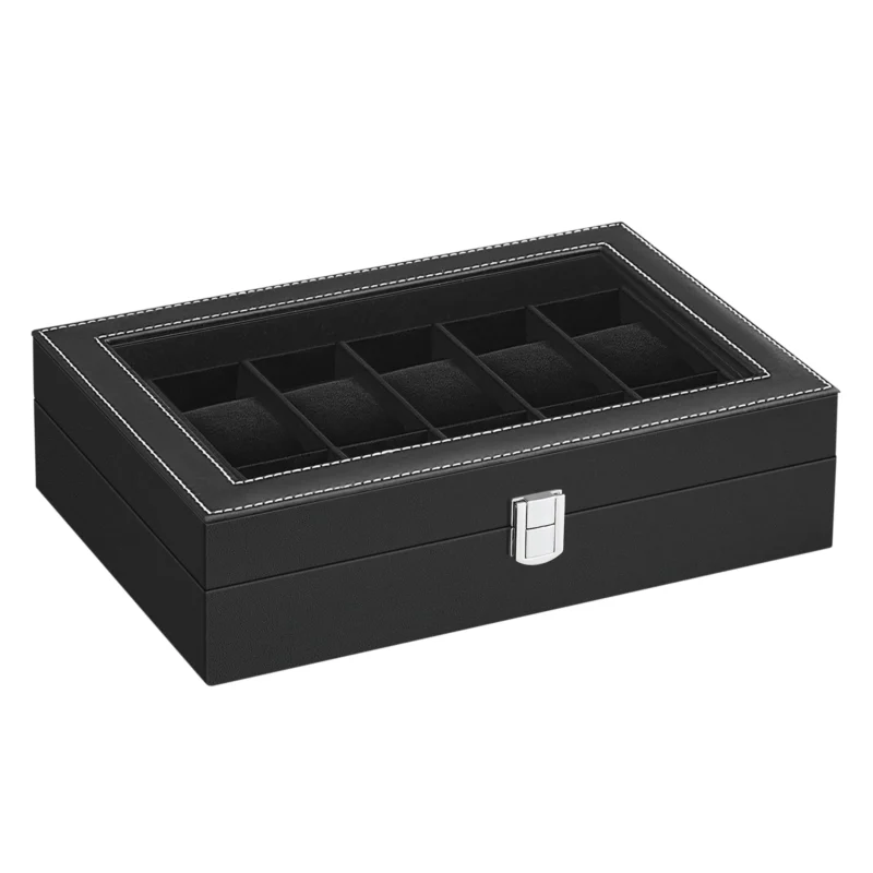 12-Slot Leather Watch Display Case with Glass Lid and Removable Pillows - Image 7