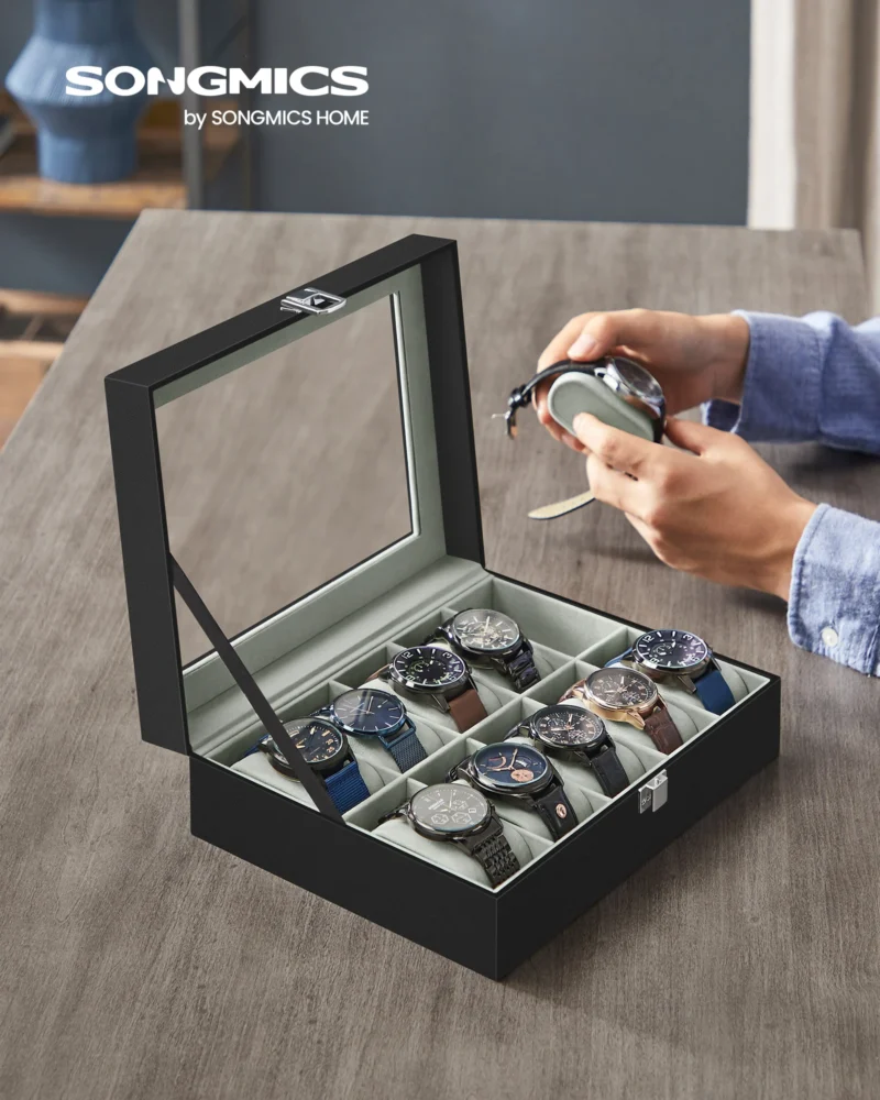 10-Slot Leather Watch Storage Box with Glass Lid and Removable Pillows for Collectors - Image 2