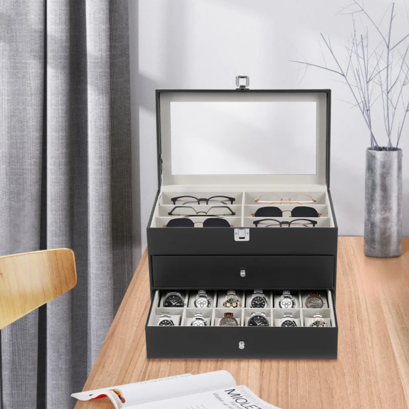 3-Tier Luxury Display Case with Glass Lid for Watches, Glasses and Jewelry - Image 4