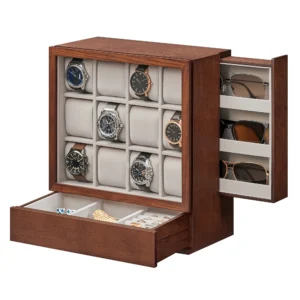 12-Slot Wooden Watch Display Box with Glass Window and Velvet Lining for Luxury Collection