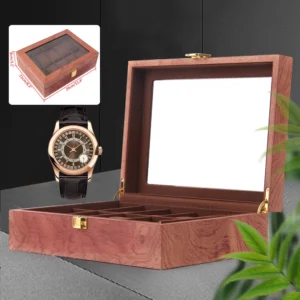10-Slot Wooden Watch Display Box with Glass Viewing Window and Protective Cushions