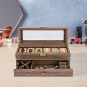 6-Slot Vintage Wood Watch Box with Storage Drawer for Jewelry Collection