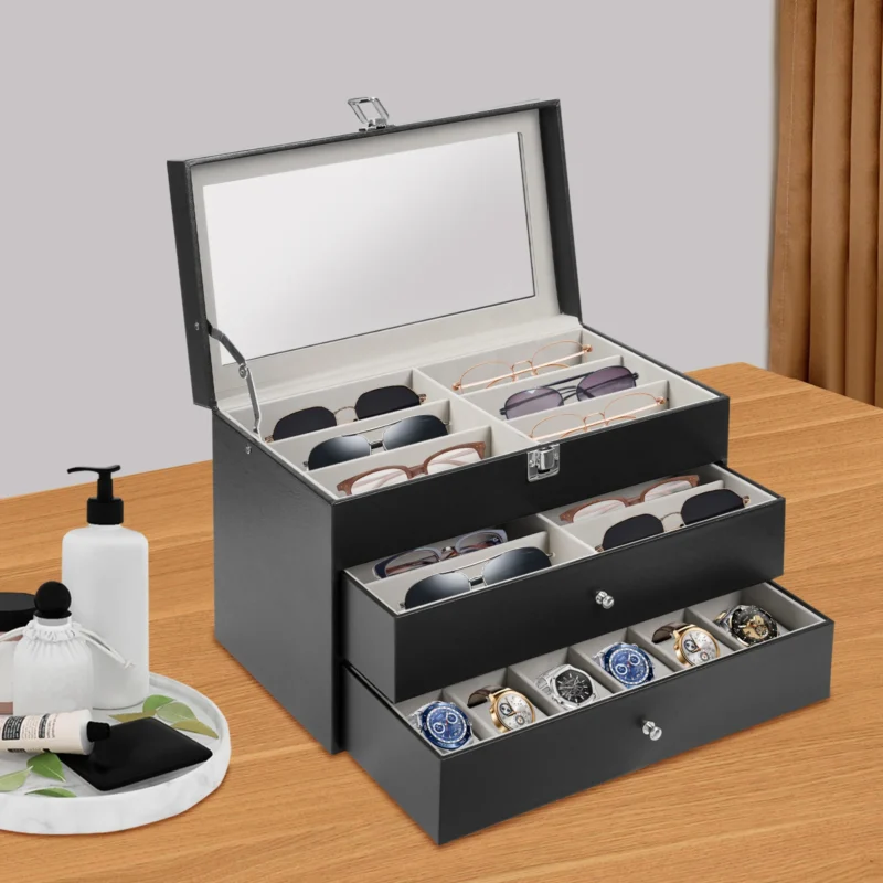 24-Slot Luxury Watch & Eyewear Display Case with 3-Tier Organization and Secure Lock