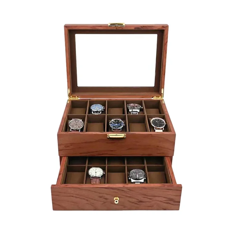 20-Slot Wooden Watch Display Case with Glass Lid and Velvet Interior for Collectors - Image 6