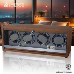 Premium 4-Slot Wooden Automatic Watch Winder with LED Lighting and Flexible Cushions